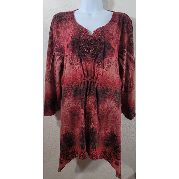 World Unity Red Burgundy Lace Bodice Rhinestone Top Large Lightweight Stretchy - Picture 1 of 6